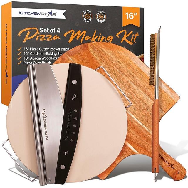 16" Pizza Making Kit (Set of 4) - Cordierite Pizza Stone with SS Rack, Acacia Wood Pizza Peel, Stainless Steel Pizza Cutter Rocker w Protective Cover, Oven Metal Brush w Scraper