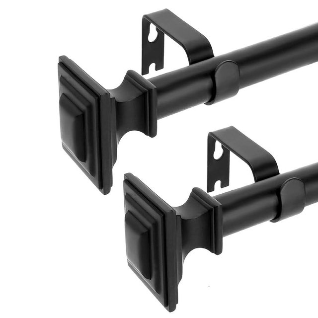 VOIIY 2 Pack Curtain Rods for Windows 28 to 48 Inch(2.3-4 Feet),1" Diameter Black Drapery Rods with Square Finials,Size:18-45 Inch,Matte Black