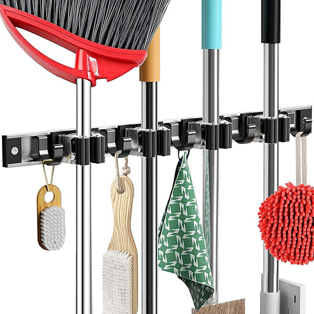 Piyl Broom Mop Holder Wall Mount, Hanger Mounted Metal Organization Garage Storage Garden Kitchen Tool Organizer for Home Goods