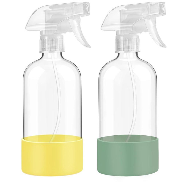 Glass Spray Bottles with Silicone Sleeve Protection, 16 oz Empty Refillable Containers, Reusable Spray Bottles with Adjustable Nozzle for Hair, Cleaning Solutions,Plants , 2 Pack Olive Green&Yellow