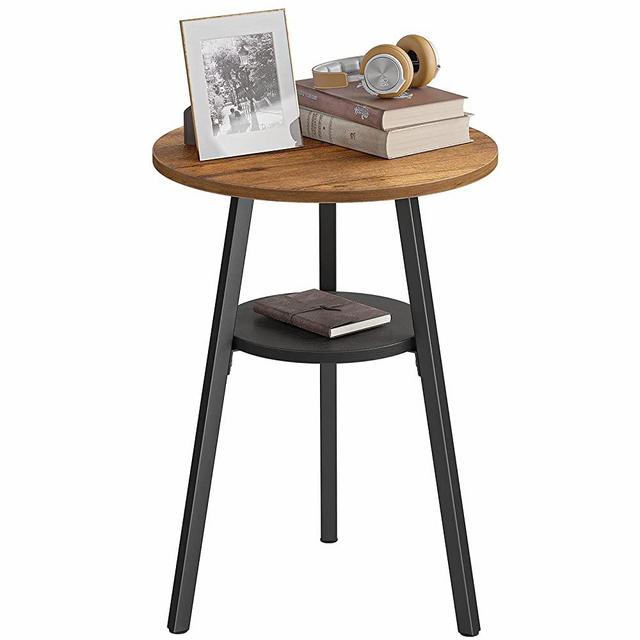 CubiCubi Round End Table, Side Table with Wooden Shelves, 2-Tier Rustic Vintage Table for Living Room Bedroom, Metal Frames and Wooden Boards, Fir Wood