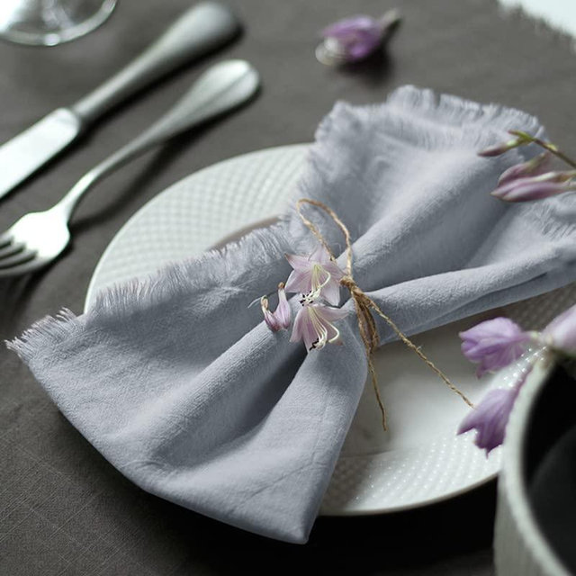 Ayuzawa Handmade Cloth Napkins 100% Cotton Napkins with Fringe，Delicate Handmade Cloth Napkins for Dinners, Parties, Weddings and More，18 x 18 Inch Set of 4 - Light Grey