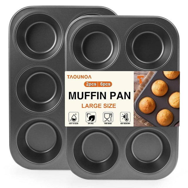 TAOUNOA Jumbo Muffin Pan 6 Cup Cupcake Tin Nonstick, 2PCS Durable Large Baking Pan for Big Muffins & Cupcakes, Easy Clean Carbon Steel Giant Muffin Tin for Oven Use, Parties