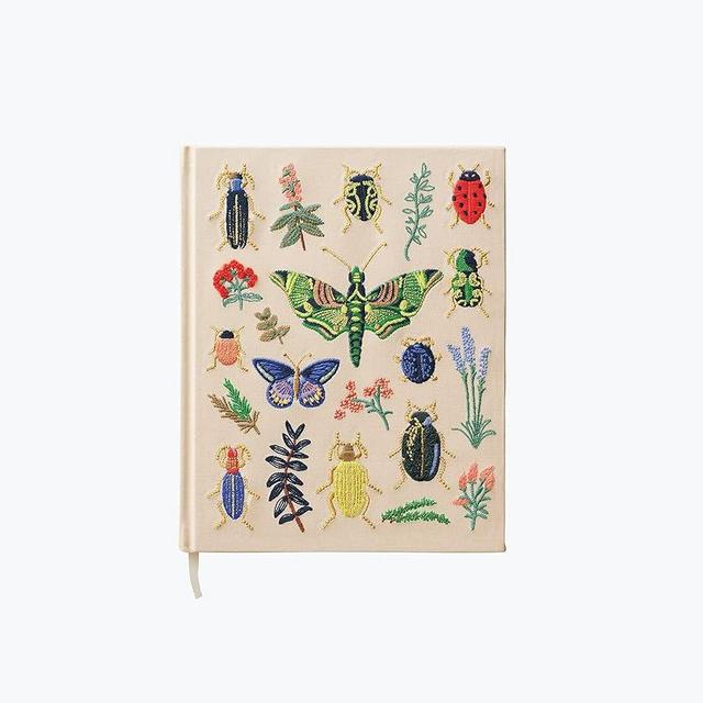 RIFLE PAPER CO. Curio Embroidered Fabric Sketchbook, 108 Blank Pages, Grosgrain Ribbon Bookmark and Lay-Flat Binding, Book Cloth Cover with 160 GSM Sketch Paper, 10.25" L x 8.25" W