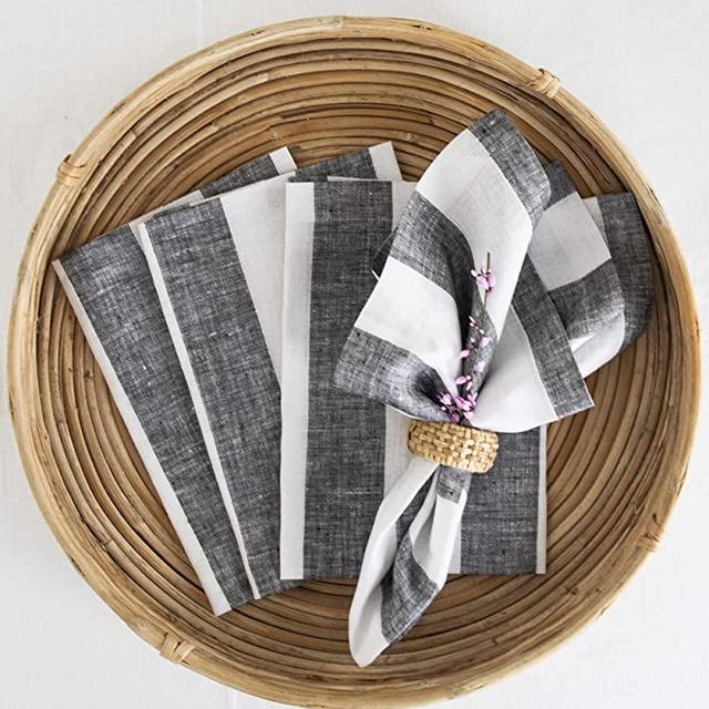 Solino Home Linen Stripe Dinner Napkins – 20 x 20 Inch, Black and White Set of 4 Cabana Stripe Napkins – Handcrafted with 100% Pure Linen European Flax