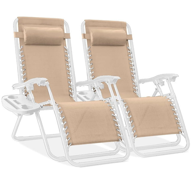 Best Choice Products Set of 2 Adjustable Steel Mesh Zero Gravity Lounge Chair Recliners w/Pillows and Cup Holder Trays - Sand/White