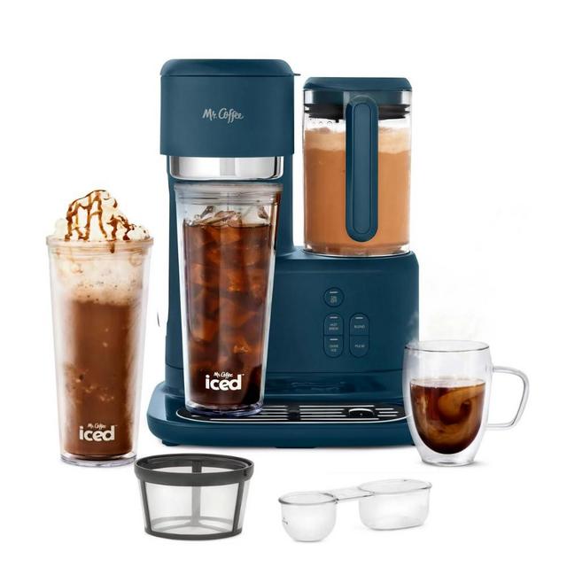 Mr. Coffee 3-in-1 Single-Serve Frappe, Iced & Hot Coffee Maker & Blender w/Reusable Filter, Scoop, Recipe Book, 2 Tumblers, Lids and Straws, Navy Blue