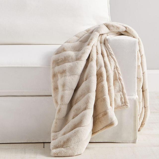 Faux Fur Ruched Throw, 50 x 60", Sand Channel