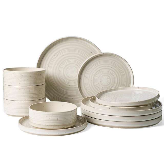 Famiware Premium Stoneware Dinnerware Sets, Plate and Bowl Sets for 4, 12 Pieces Spiral Straight Dishware with Speckles and Reactive Glaze, Microwave Dishwasher Safe Family Tableware, Shell Beige