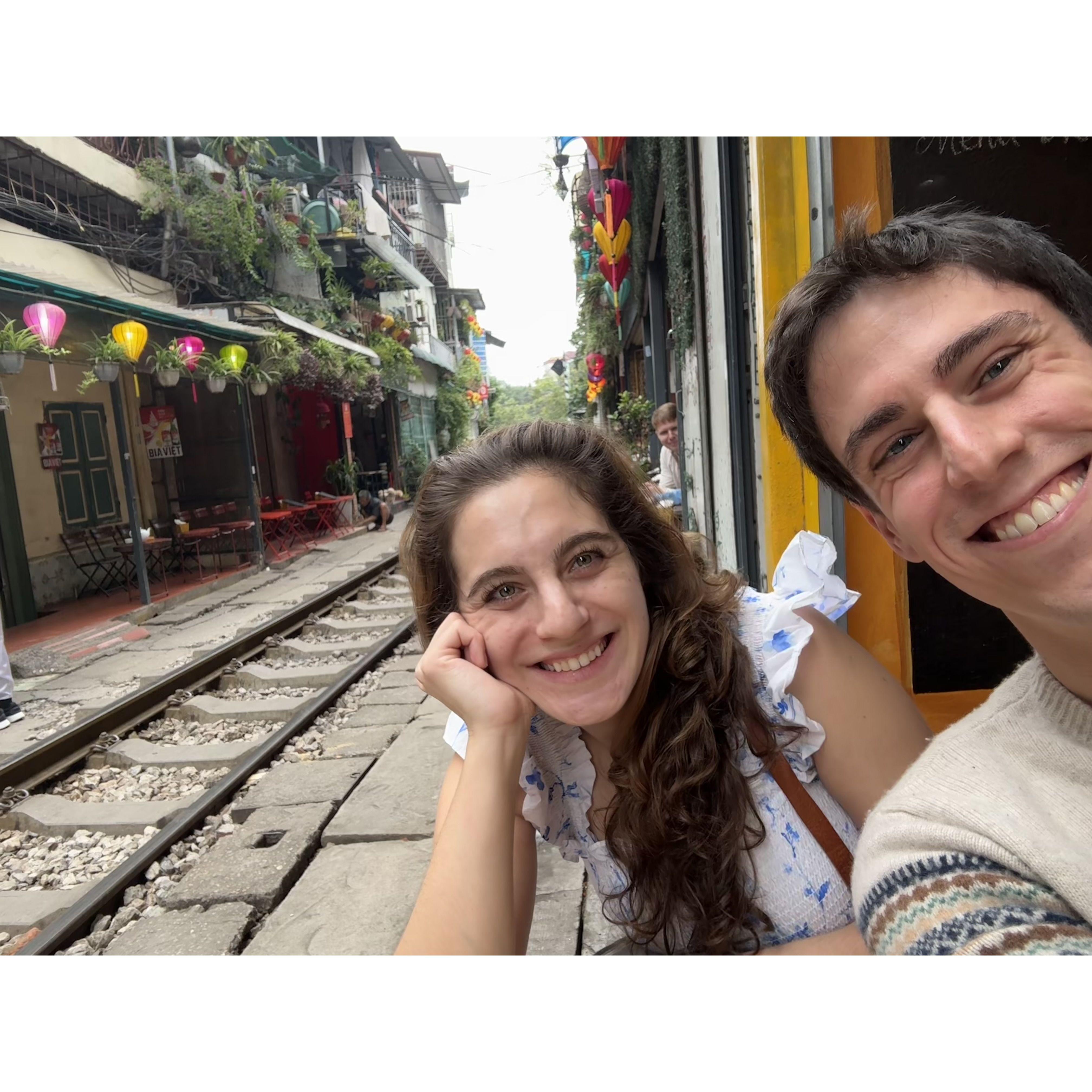 A photo from the train cafe in Hanoi, Vietnam, where trains run past just feet from where we were sitting!