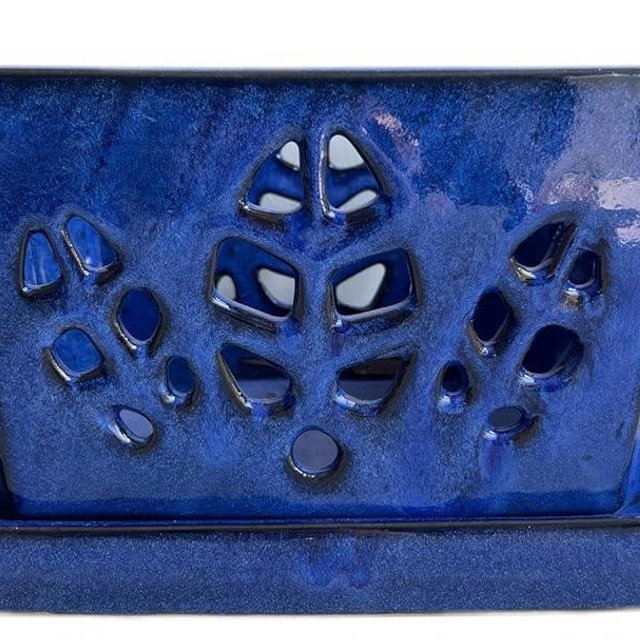 Fowargif 10inch Rectangle Ceramic Orchid pots with Holes with Saucer (Blue)