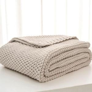 Chunky Cable Knit Throw Blanket Lightweight Beige 100% Organic Cotton Blanket for Sofa Couch Bed Baby Nursery, Rustic Shabby Chic Modern Farmhouse, 51” x 63” Give Laundering Bag