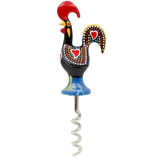 Traditional Hand-Painted Portuguese Rooster Corkscrew - Metal Good Luck Wine Bottle Opener, Decorative Bar Tool (Black)