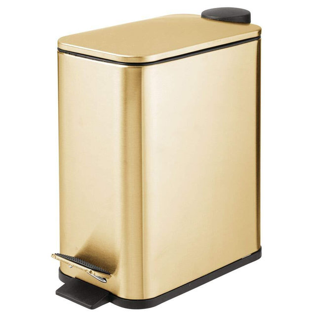 mDesign 5 Liter Rectangular Small Steel Step Trash Can Wastebasket, Garbage Container Bin for Bathroom, Powder Room, Bedroom, Kitchen, Craft Room, Office - Removable Liner Bucket - Soft Brass
