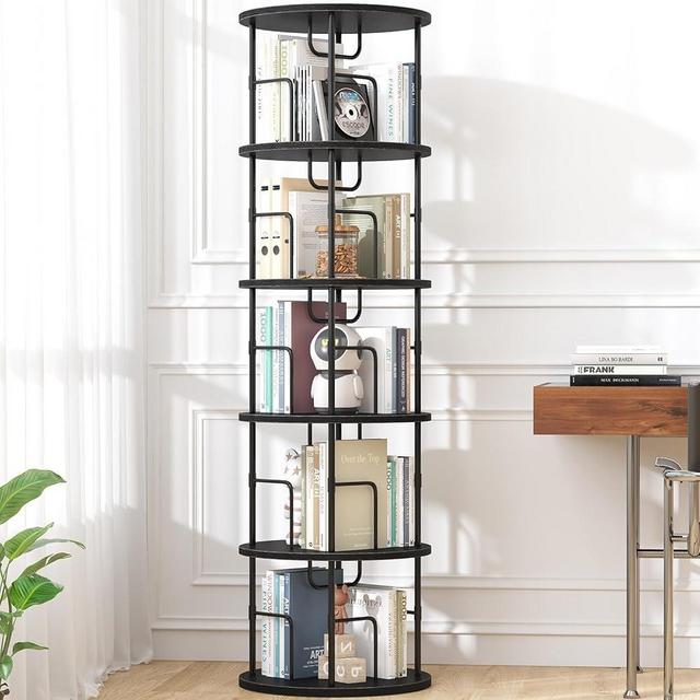 5Tier Rotating Bookshelf, 360 ° Display Stackable Spinning Bookshelf Tower, Narrow Space Saving Tall Floor Standing Swivel Bookcase Corner Storage Organizer for Bedroom/Living Room/Office，Black