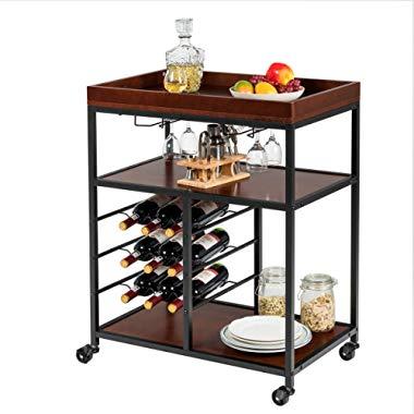 Giantex 3-Tier Kitchen Island Cart Rolling Trolley Industrial Style Serving Cart Utility Cart Wood Kitchen Stand with Glasses Holder and 9 Wine Bottles Rack Metal Frame and Castors (Rustic Brown)