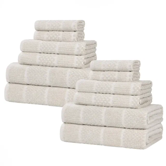 Viscose Cotton Blend Medium Weight Soft Textured Checkered and Ribbed 12 Piece Towel Set, Beige - Blue Nile Mills