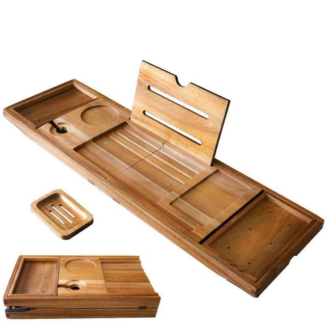 XcE Foldable Bathtub Tray Expandable to 105cm for Luxury Bath, Bath Tray for Bathtub (Acacia Wood)