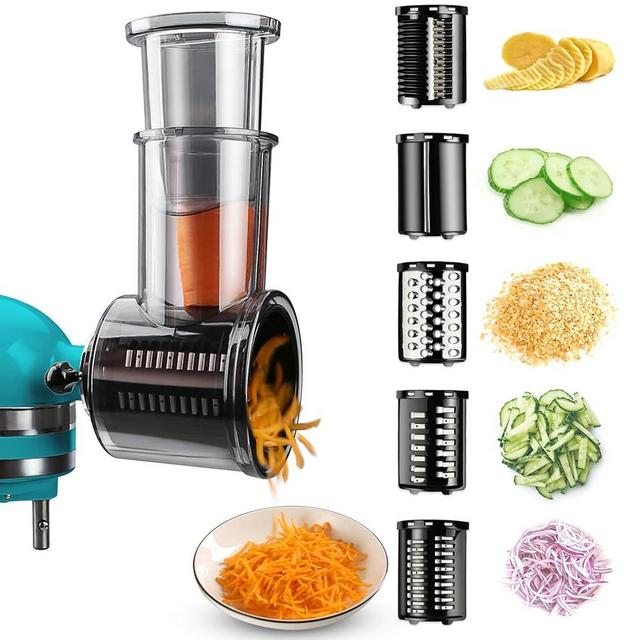 Stainless Steel Slicer Shredder Attachments for KitchenAid Stand Mixers, Vegetable Shredder, Cheese Grater, Salad Maker, Food Slicers Chopper Grinding Powder Accessories with Detachable 5 Blades