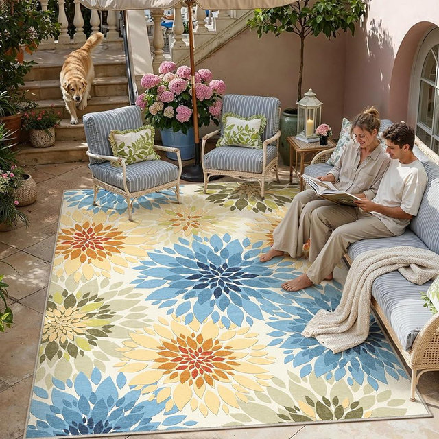 WondRg 9x12 Indoor Outdoor Area Rug Washable Patio Rug Colorful Non Slip Non Shedding Waterproof Carpet for Living Room Bedroom Camping Porch Backyard Camping RV Balcony Poolside Deck