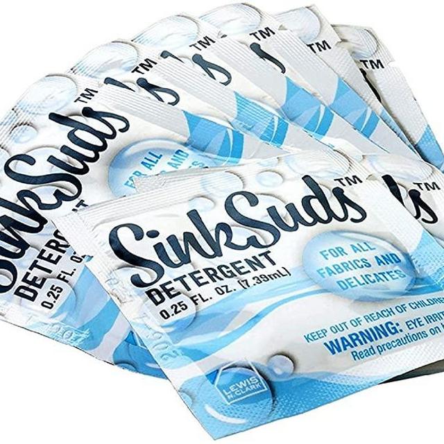 SinkSuds Travel Laundry Detergent Liquid Soap + Odor Eliminator for All Fabrics Including Delicates, (TSA Compliant), 8 Sink-Packets (0.25 fl oz each)