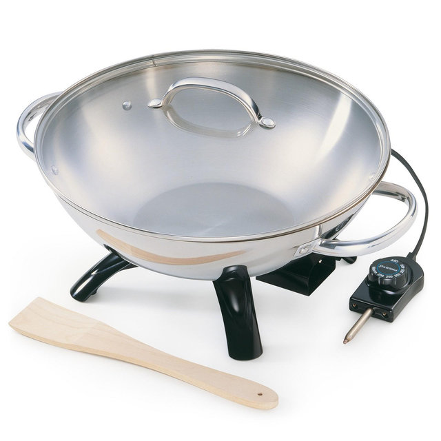 Presto 1500 Watt Stainless Steel Electric Wok with Glass Lid and Wooden Spatula for Restaurant-Quality Stir-Fry Cooking at Home with Fast Even Heating