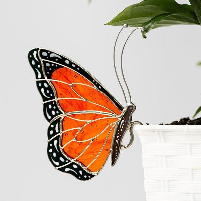 Stained Glass Butterfly Monarch Suncatcher pot decoration gift for women Light catcher Sun Room Decor Village style