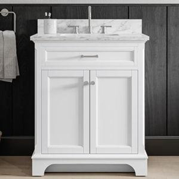 allen + roth Roveland 30-in White Undermount Single Sink Bathroom Vanity with Natural Carrara Natural Marble Top (Fully Assembled)