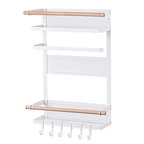 Magnetic Spice Rack for Refrigerator, 4 Tiers Magnetic Shelf Fridge Organizer Refrigerator Side Rack with 2 Paper Towel Holders & 4 Removable Hooks, 18.90x12.48x4.39" Bears up to 30lb (White)
