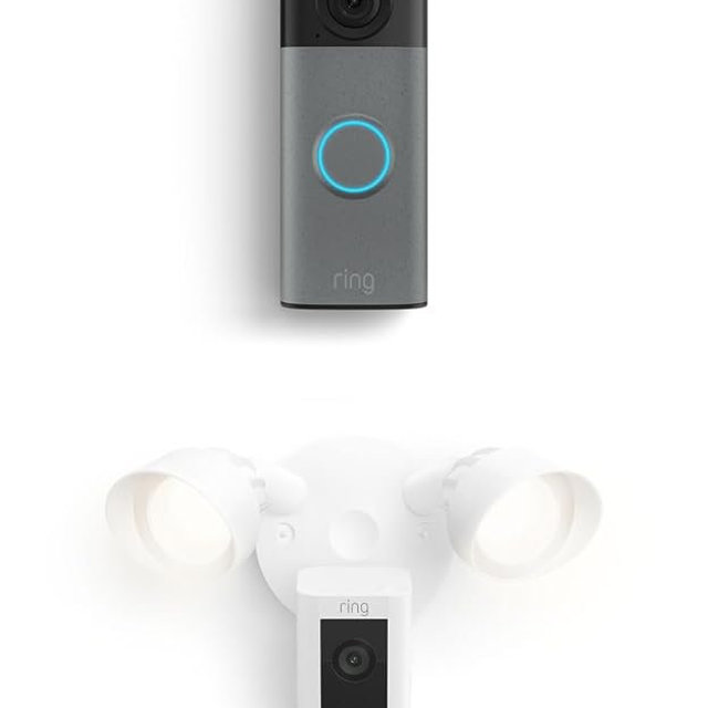 Ring Battery Doorbell (newest model), Speckled Gray with Floodlight Cam Plus, White