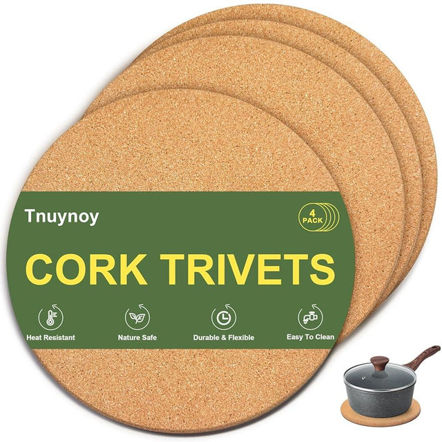 Tnuynoy 4 Pack Round Cork Trivets for Hot Dishes, Hot Pots and Pans, Heat Resistant Non-Slip Hot Pads for Kitchen Countertops Table, Scratch & Stain Protection, Absorbent Plant Coasters, Kitchen Mat