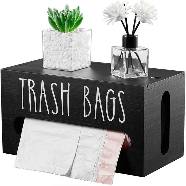 DRASTAR Trash Bag Dispenser, Trash Bag Organizer Wall Mount, Wooden Trash Bag Roll Holder for Plastic Bags Countertop, Grocery Bag Holder, Under Kitchen Sink Organization, Black