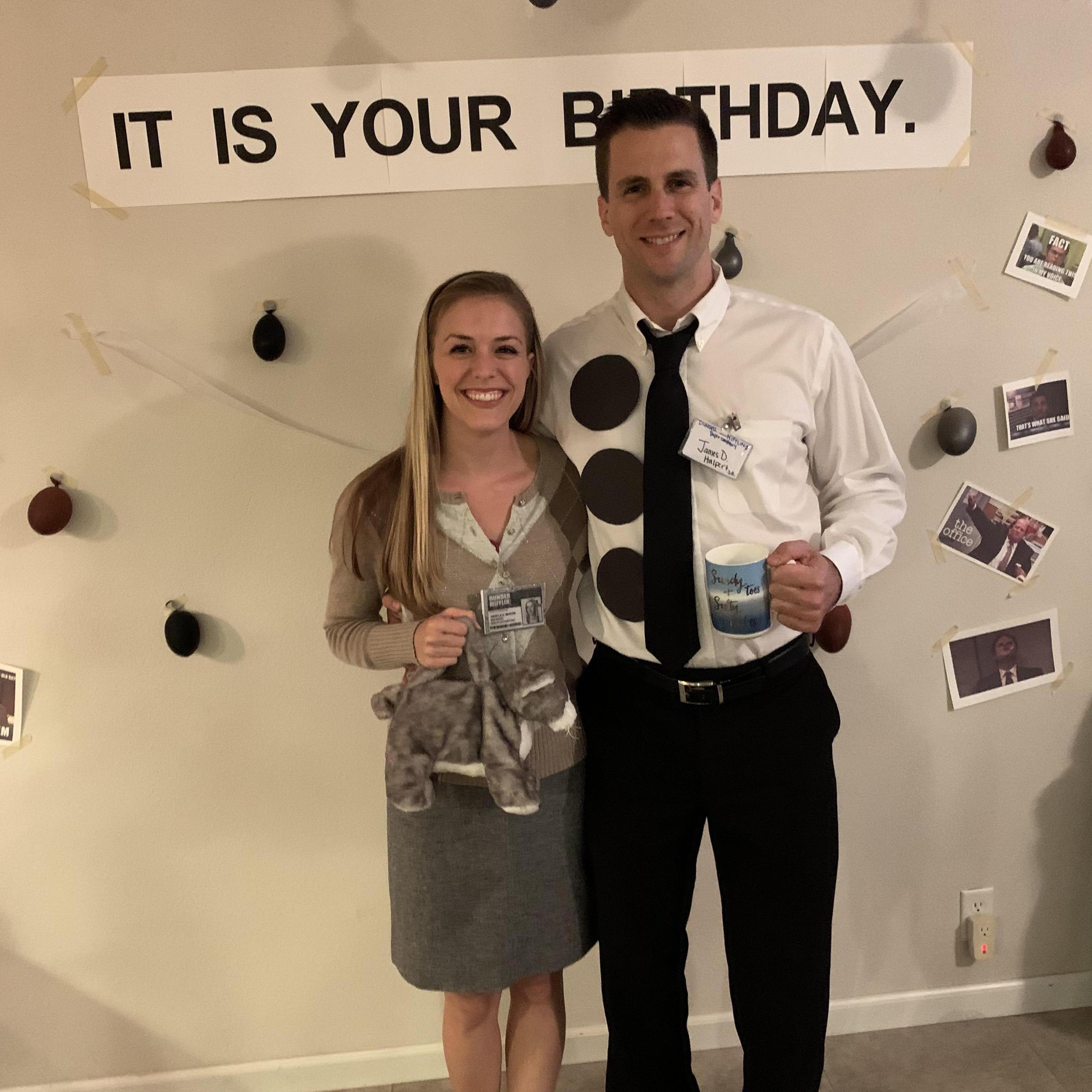 Jeff's Office themed birthday party. 3 hole punch Jim and Angela.