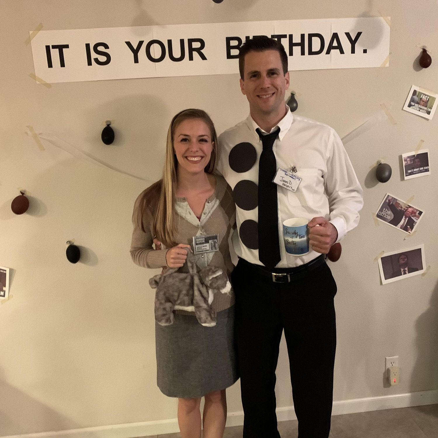 Jeff's Office themed birthday party. 3 hole punch Jim and Angela.
