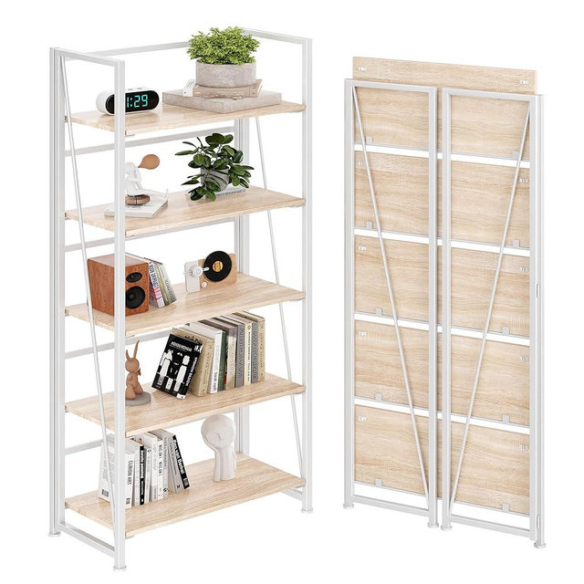 BHG Vintage Multifunctional Folding Bookshelf, No-Assembly Plant Stand Storage Rack Shelves for Home Office (White, 5-Tier)