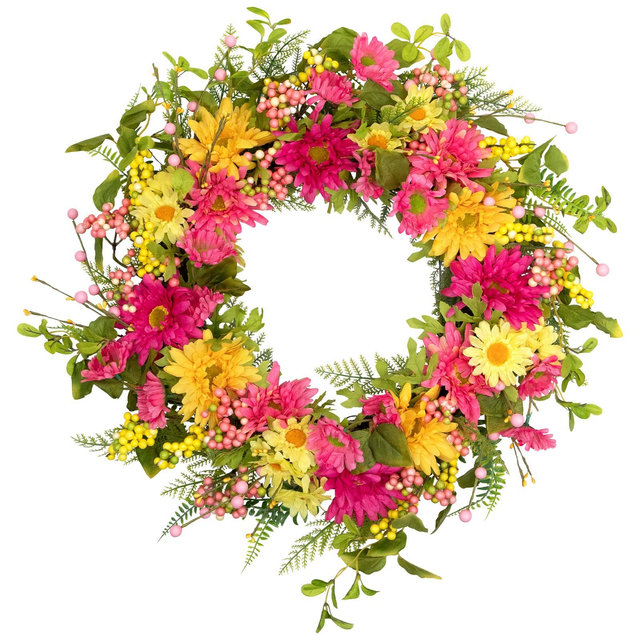 Northlight Gerbera Daisy, Berries and Daisy Floral Spring Wreath - 23" - Pink/Yellow