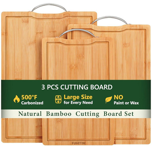 Bamboo Cutting Board, Wooden Cutting Boards for Kitchen with Double Sided Deep Juice Grooves & Wide Handle, Ideal Charcuterie & Chopping Board for Meat, Vegetables and Fruits