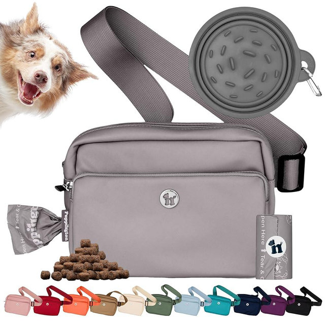Puppington 3-in-1 Crossbody & Dog Treat Pouch for Pet Training - Matching Compostable Poop Bags, Built-In Poop Bag Dispenser & Slow-Feeding Travel Dog Bowl - Dog Walking Bag (Charcoal Gray)