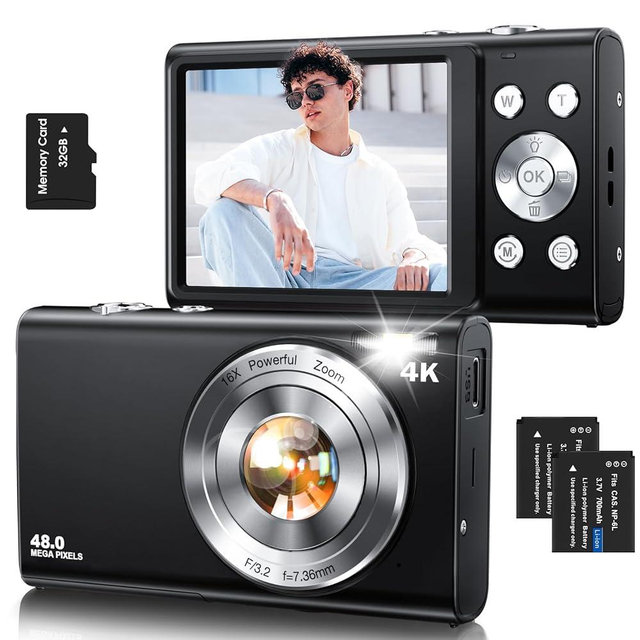 Digital Camera,Autofocus 4K Vlogging Camera for Photography with 32GB Card,48MP Portable Compact Point and Shoot Digital Camera for Teens Adult Beginner with 16X Zoom,Anti-Shake,2 Batteries(Black)