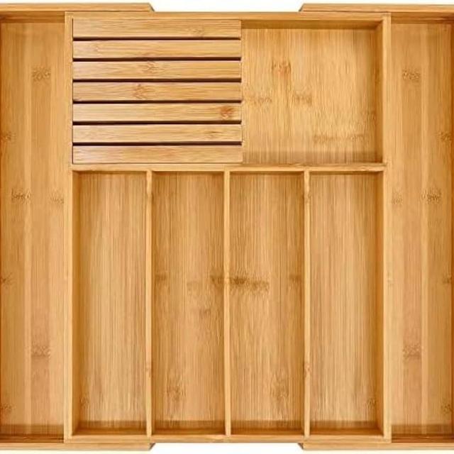 DFW Consumables - NEW Bamboo Wood Drawer Organizer with Silverware and Knife Block - 12.75-22 x 17 x 2 In (Brown)