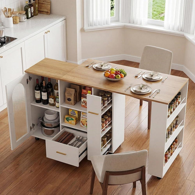 FKLUG 67.7" Rolling Kitchen Island with 360° Swivel Extendable Table, Mobile Kitchen Cart on Wheels with Storage Cabinet, Drawers & Spice Rack, Modern Wood Island Table for Dining Room & Home Bar
