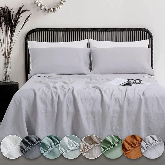 EVERLY Linen Queen Sheets Set, 100% Stonewashed French Linen Bed Sheets Deep Pocket Sheets, 4 Pieces (1 Flat Sheet, 1 Fitted Sheet, 2 Pillowcases) Natural Flax Bedding Set, Light Grey