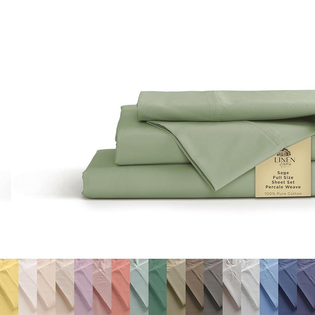 Linen Home 100% Cotton Percale Sheets Full Size, Sage, Deep Pocket, 4 Pieces Set - 1 Flat, 1 Deep Pocket Fitted Sheet and 2 Pillowcases, Crisp Cool and Strong Bed Linen