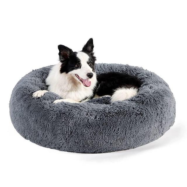 Bedsure Calming Dog Bed for Large Dogs - Donut Washable Large Pet Bed, 36 inches Anti Anxiety Round Fluffy Plush Faux Fur Cat Bed, Fits up to 100 lbs Pets, Dark Grey