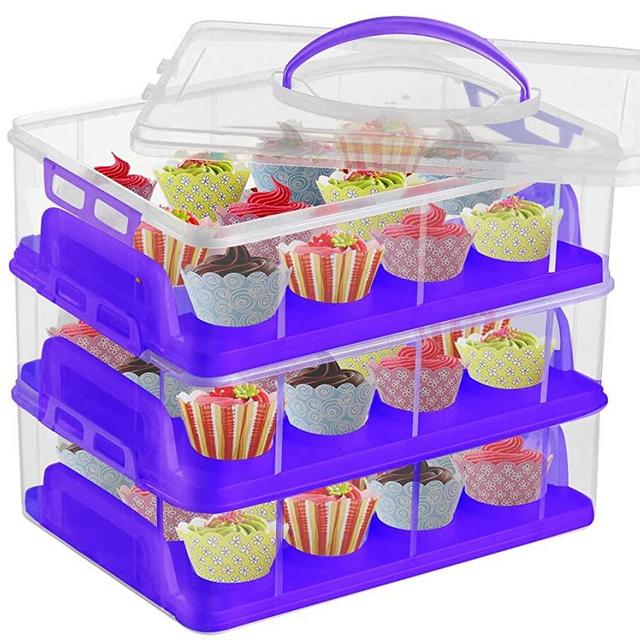 DuraCasa Cupcake Carrier, Cupcake Holder - Premium Upgraded Model - Store up to 36 Cupcakes or 3 Large Cakes - Stacking Cupcake Storage Container - Cookie, Muffin or Cake Carrier (Purple, Three Tier)