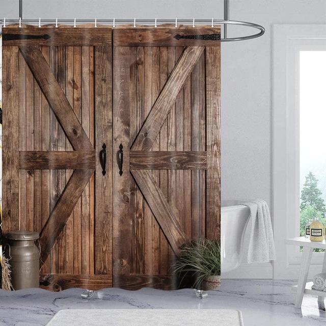 Jipusai Rustic Barn Door Shower Curtain Set for Bathroom, Farmhouse Arts Bathroom Decor Curtains, Vintage Countryside Wood Board Waterproof Fabric Bath Curtains with Hooks 70 x72 inch