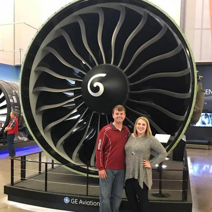 Standing in front of a 777 engine at the Boeing Factory after a tour. We had so much fun learning new things about airplanes!