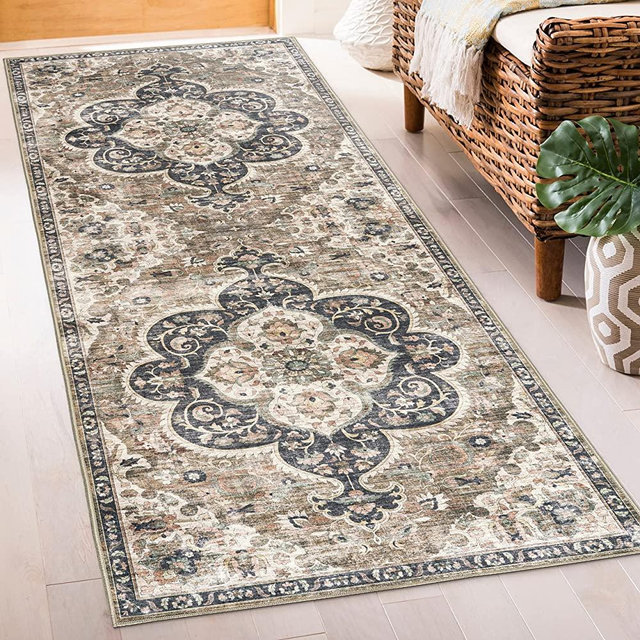 ReaLife Machine Washable Rug - Stain Resistant, Non-Shed - Eco-Friendly, Non-Slip, Family & Pet Friendly - Made from Premium Recycled Fibers - Vintage Bohemian Medallion Brown Beige Ivory - 2'6" x 8'