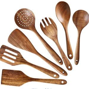 7 Pcs Acacia Wood Cooking Utensils Set Large Wooden Spoons for Cooking Spatula Salad Mixing Spoon Non Toxic Utensil for Kitchen Use Spatulas Non Stick Turner Slotted Serving Spoon Kitchen Utensils