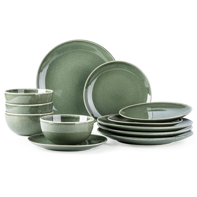 AmorArc Ceramic Dinnerware Sets for 4, 12 Pieces Handpainted Plates and Bowls Set, Scratch Resistant Stoneware Dishes Set, Dishwasher & Microwave Safe, Jade Green
